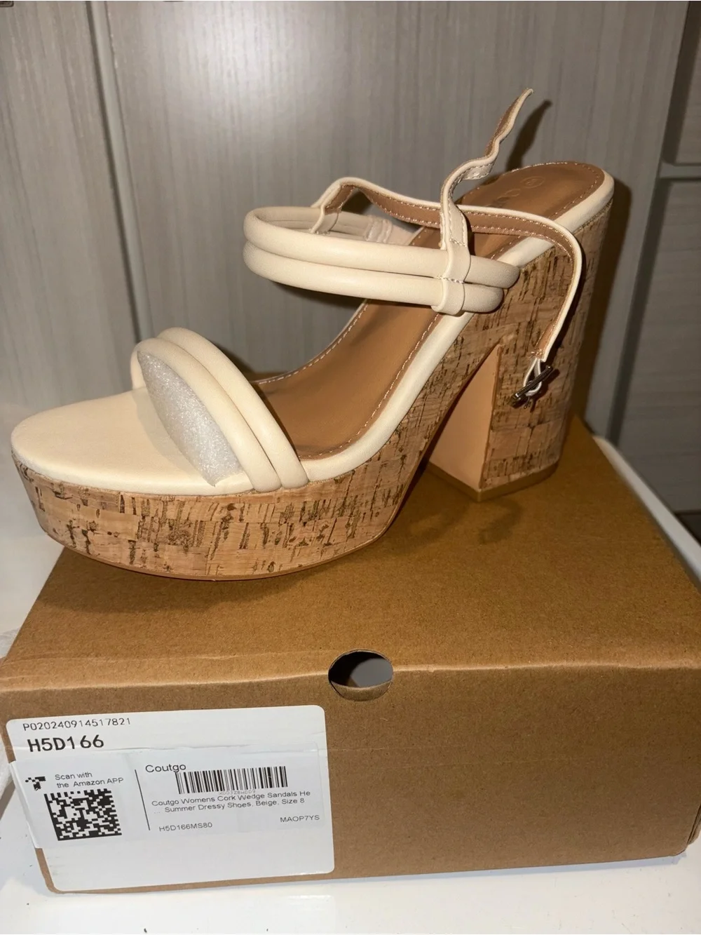Platform Cork Block Heel Sandals in Cream